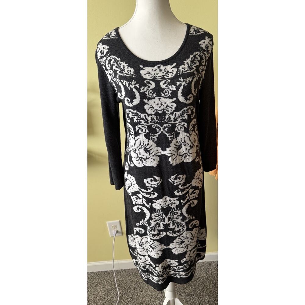 Spense Sweater Dress Black Gray Floral Baroque Knit Long‎ Sleeve Stretch M Soft
